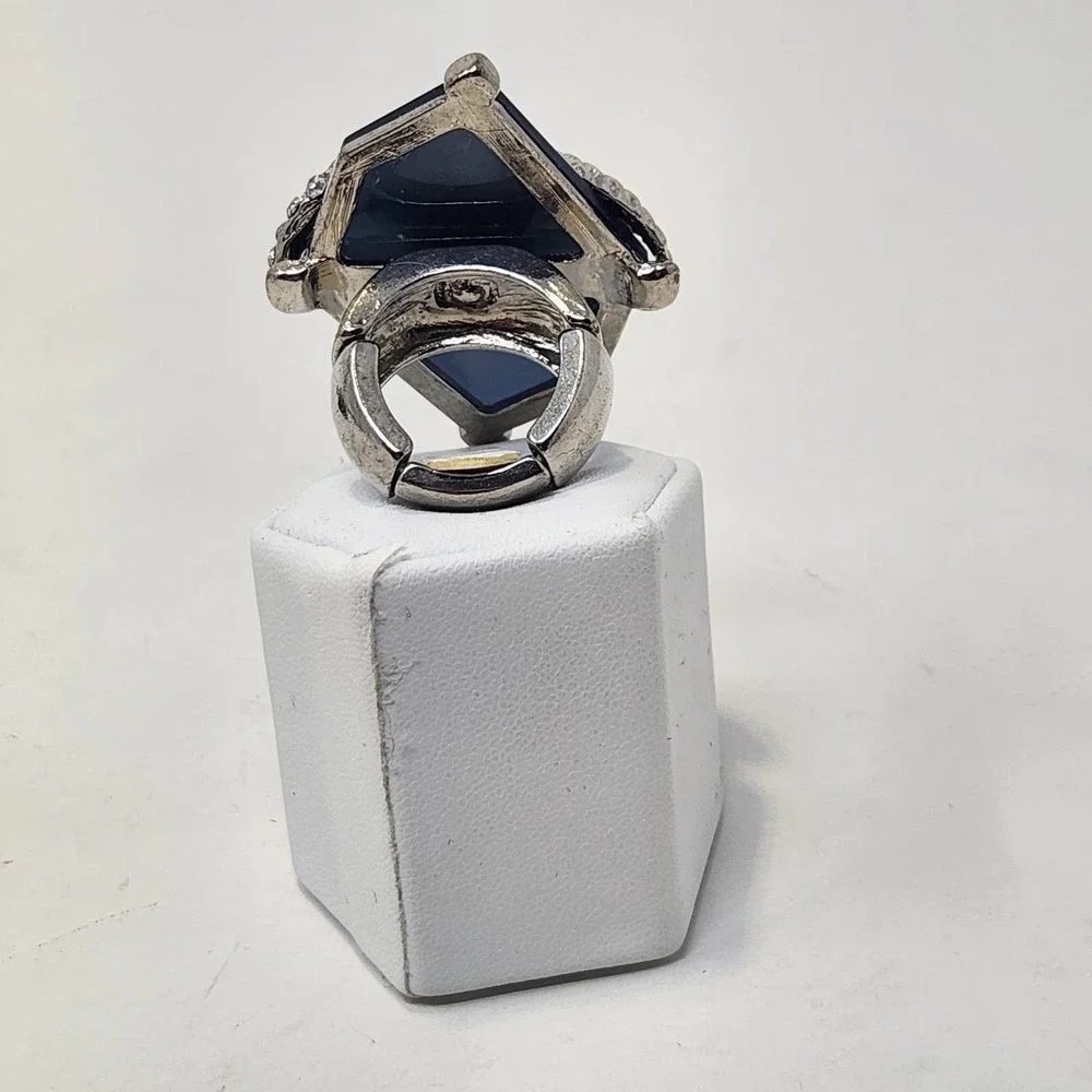Crystal Pave Blue Faux Stone Cocktail Statement Stretch Ring Silver Tone Chunky